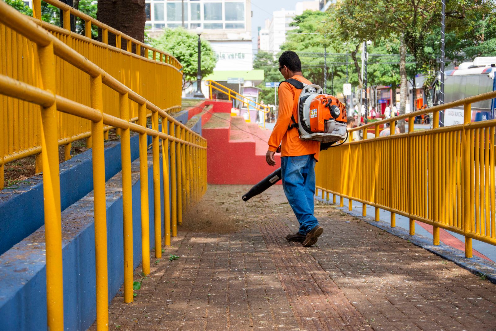 Clearing a walkway with a leaf blower